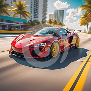 A sports car drives quickly along the ocean beach, speed, Miami, palm trees and road,