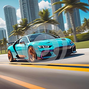 A sports car drives quickly along the ocean beach, speed, Miami, palm trees and road,