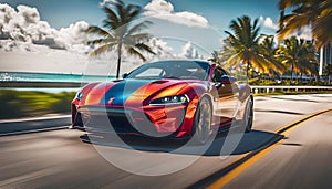 A sports car drives quickly along the ocean beach, speed, Miami, palm trees and road,