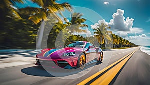 A sports car drives quickly along the ocean beach, speed, Miami, palm trees and road,