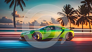 A sports car drives quickly along the ocean beach, speed, Miami, palm trees and road,