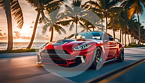 A sports car drives quickly along the ocean beach, speed, Miami, palm trees and road,