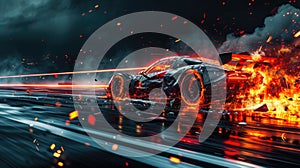 Sports car driving fast with fire on dark background, burning vehicle runs on race track. Flame, smoke, wreckage and sparks on