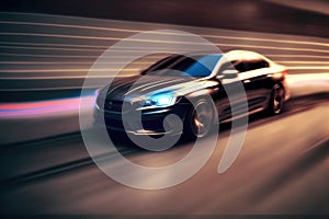 Sports car driving at fast speed on city road with motion blur effect