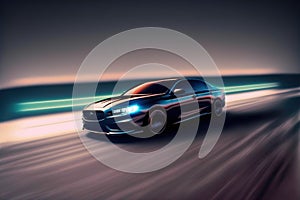 Sports car driving at fast speed on city road with motion blur effect