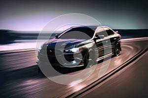 Sports car driving at fast speed on city road with motion blur effect