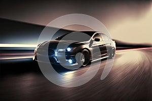 Sports car driving at fast speed on city road with motion blur effect