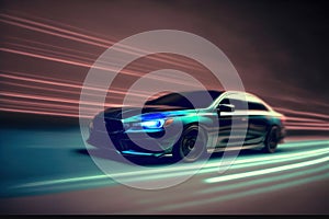 Sports car driving at fast speed on city road with motion blur effect