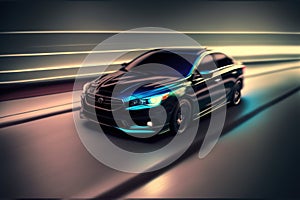 Sports car driving at fast speed on city road with motion blur effect