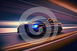 Sports car driving at fast speed on city road with motion blur effect