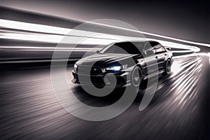 Sports car driving at fast speed on city road with motion blur effect