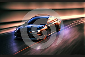 Sports car driving at fast speed on city road with motion blur effect