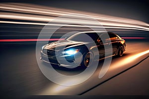 Sports car driving at fast speed on city road with motion blur effect