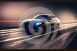 Sports car driving at fast speed on city road with motion blur effect