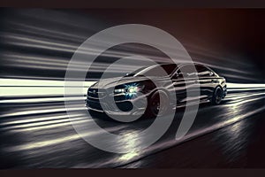 Sports car driving at fast speed on city road with motion blur effect