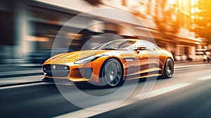 Sports car driving at fast speed on city road with motion blur effect