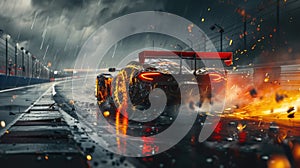 Sports car driving with fire on dark background, burning vehicle runs fast on race track at night. Flame, smoke, wreckage and