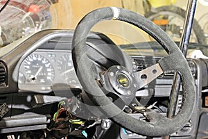 Sports car interior, steering wheel