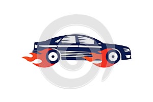 Sports car logo. Vector template made in the form of an automobile silhouette in fire