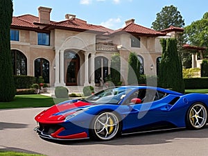 Sports car near luxury mansion