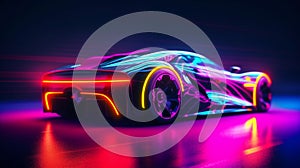 A sports car on a neon, nighttime track. AI Generated