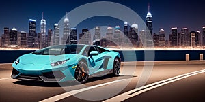 Sports car at night city. luxury sport carbon car. Through the dark city streets, luxury sports vehicle speeds. Generative AI