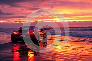 A sports car races along the sandy beach as the vibrant colors of the sunset paint the sky, A sports car moving on the beach