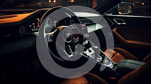 a sports car\'s interior as it speeds along a race track, with the steering wheel and dashboard in focus, Generative AI