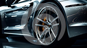 A sports car's shiny rims