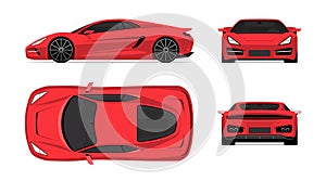Sports car set in flat design style. Front, back, side and top view of the supercar isolated on white background