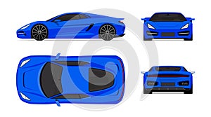 Sports car set in flat design style. Front, back, side and top view of the supercar isolated on white background