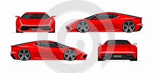 Sports car set in flat style. Front, back, side view of the supercar isolated on white background.