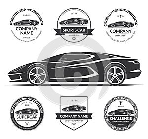 Sports car silhouette with the set of labels, emblems, logotypes.