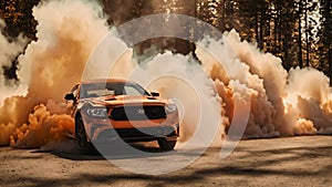 sports car smoke fire blast on forest