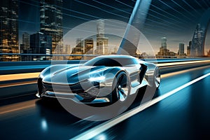 Sports car speeding through bridge at night. Generative AI