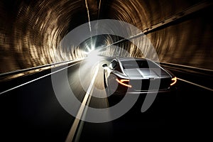 The sports car speeding through a tunnel, sun glinting off the sleek dark surface of the windshield Pushing the limits of speed