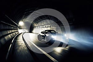 The sports car speeding through a tunnel, sun glinting off the sleek dark surface of the windshield Pushing the limits of speed