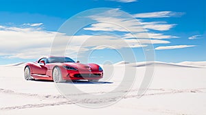 sports car in a stunning desert landscape with expansive blue skies above.