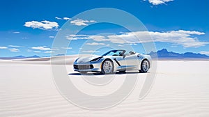 sports car in a stunning desert landscape with expansive blue skies above.