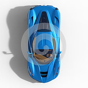 Sports car top view. The image of a sports blue car on a white background. 3d illustration.