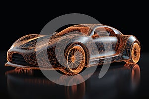 A sports car that transitions into a wireframe model created with generative AI technology