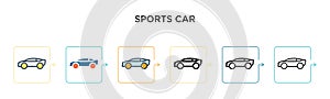 Sports car vector icon in 6 different modern styles. Black, two colored sports car icons designed in filled, outline, line and