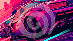Sports cars driving at fast speed on race track with motion blur effect. Synthwave Generative AI image