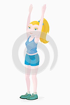 Sports character in the form of a blond girl in a blue T-shirt and mini shorts photo