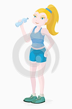 Sports character in the form of a blond girl in a blue T-shirt and mini shorts photo
