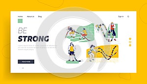 Sports Characters Battle Rope Doing Functional Fitness Training in Gym Landing Page Template. Men Tug of War Exercise