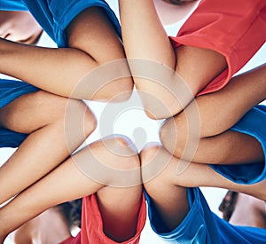 Sports, circle and elbow together for team building, teamwork motivation or baseball player support, solidarity or