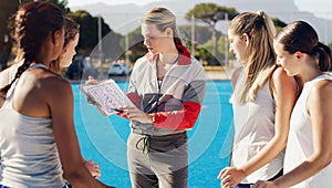 Sports, clipboard and team with coach for planning, game strategy and instructions for female players on court. Fitness