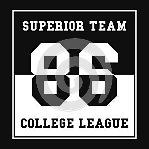 Sports, College league t-shirt graphics. Number sport typography. Print, t-shirt graphic