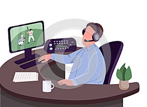 Sports commentator flat color vector faceless character photo